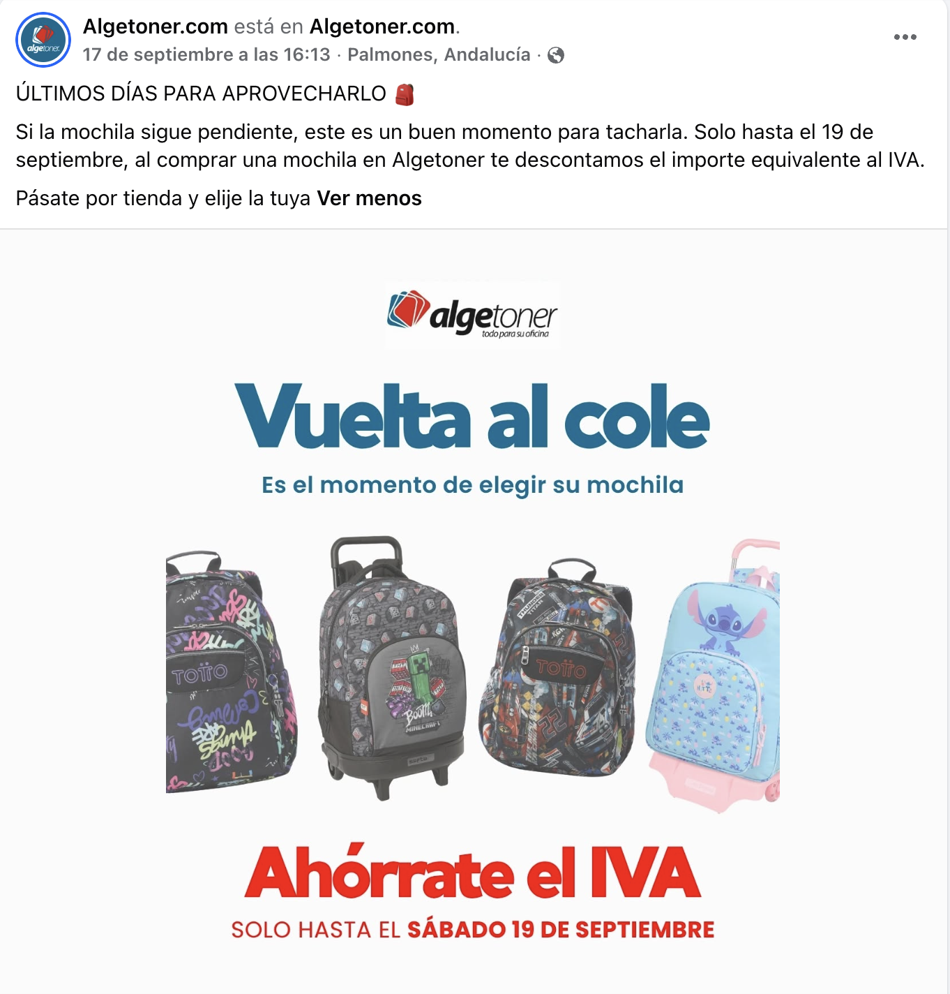 Publicación de Algetoner en redes sociales