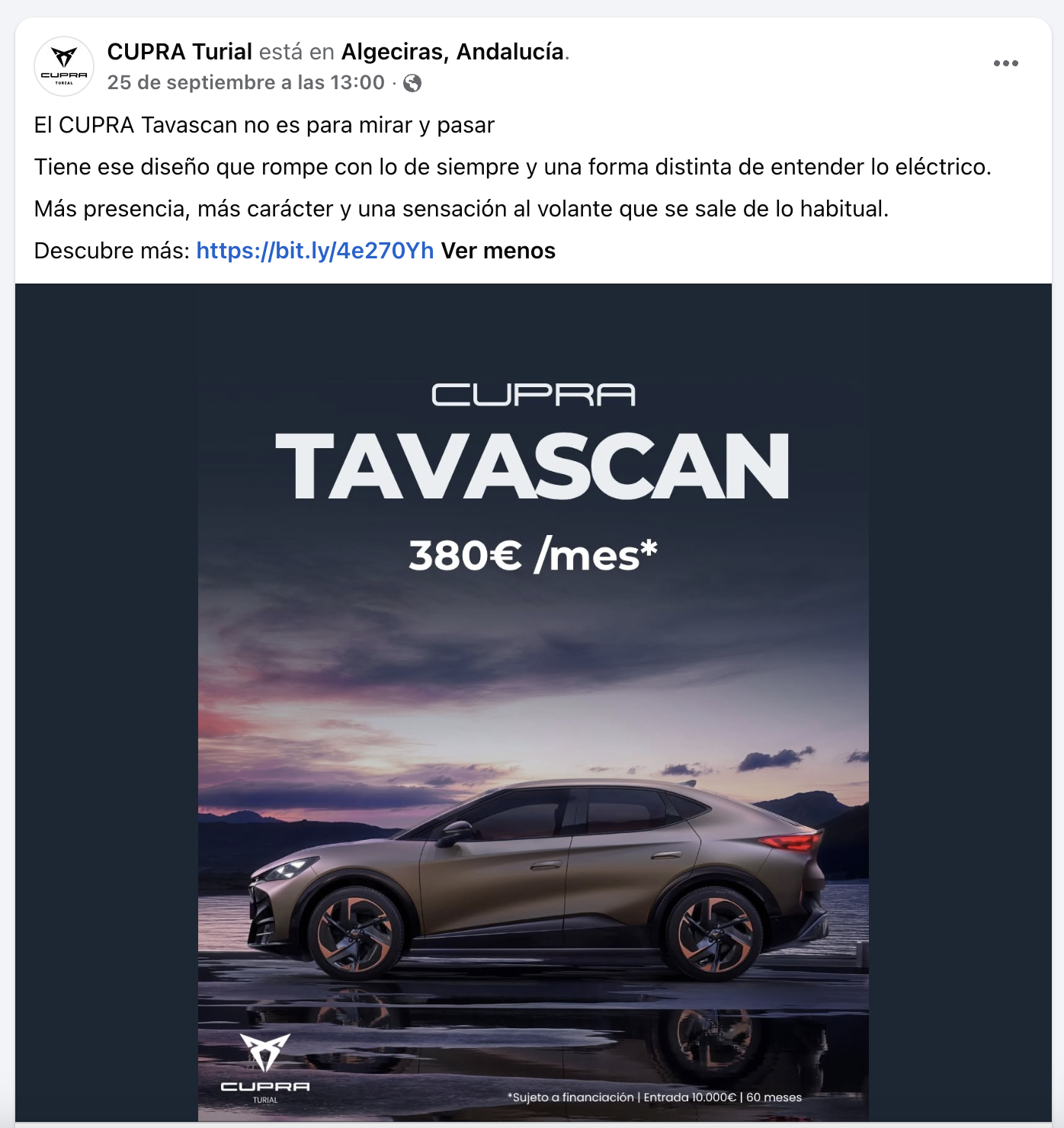 Publicación de CUPRA Turial en redes sociales